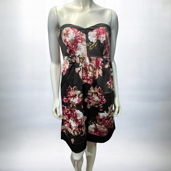 Motherhood Maternity Floral Strapless Dress Brown Pink Rose Print Size M Party - Picture 1 of 10